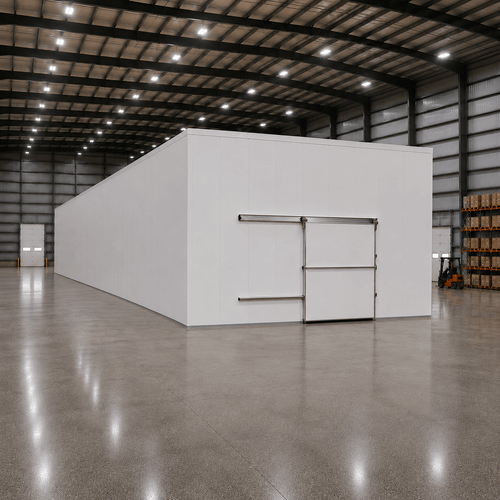 Large white drive-in freezer with sliding door and insulated panel walls