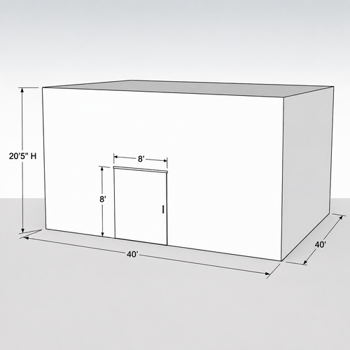 Large white drive-in freezer with sliding door and insulated panel walls