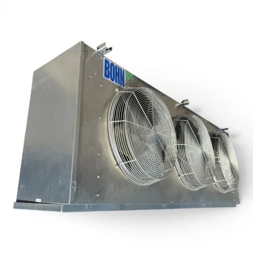 Front-left view of a used Bohn BHE-640CA evaporator #3186, a gray fan coil unit with three round white-grille fans and a unit tag reading "Unit 61".