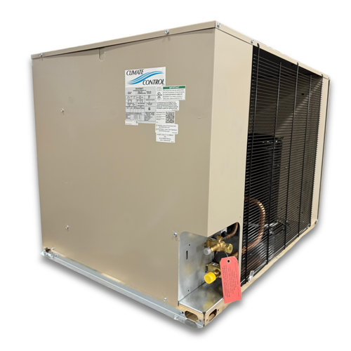 Beige condensing unit front side view showing labels.