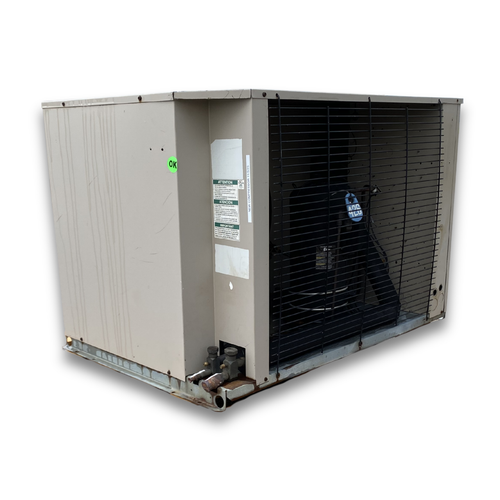 Beige condensing unit front side view showing labels.