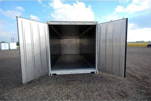 White portable refrigeration unit with doors open showing interior