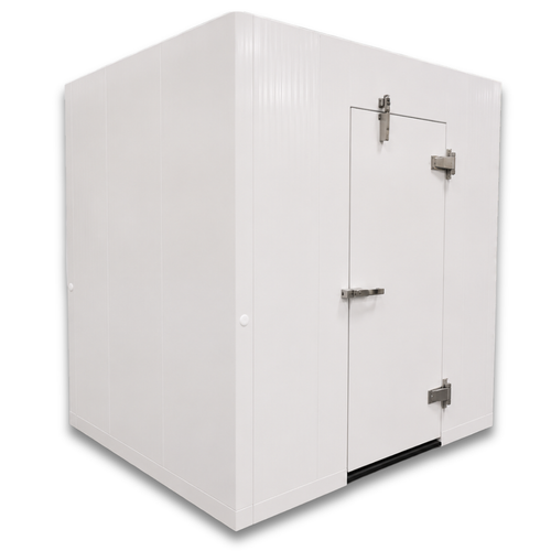 White walk-in cooler unit with closed hinged door, featuring insulated panel walls left front view