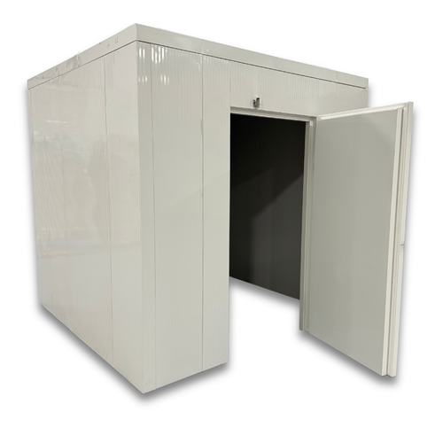 White walk-in cooler unit with open hinged door and insulated panel walls