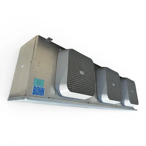 Front-left view of a used Bohn BME-310CA evaporator #3239, a gray fan coil unit with three square white-grille fans and a Bohn logo.
