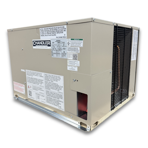 Beige condensing unit with side front view showing labels.