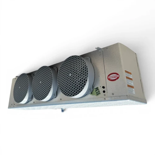 Front-right view of the used Trenton TPLP-320MAS1BR6 evaporator #3136, showing the three round honeycomb-grille fans and cabinet side panel.