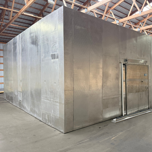 Silver Drive-in cooler outside angle photos showing two doors