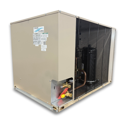 Beige condensing unit front side view showing labels.
