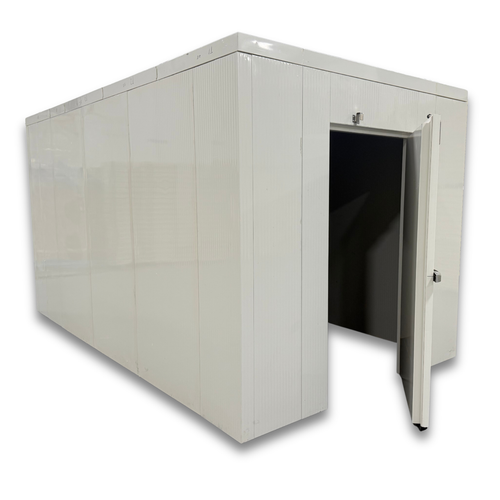 White walk-in cooler unit with open hinged door, featuring insulated panel walls