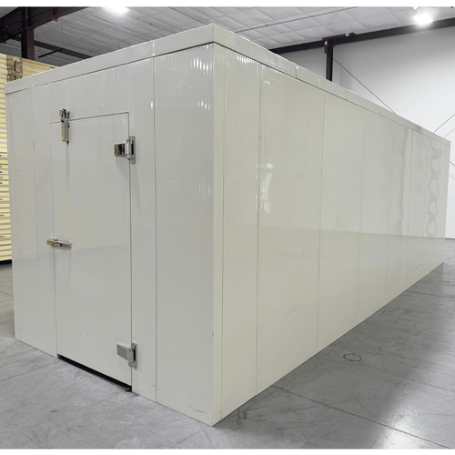 White walk-in cooler unit with closed hinged door, featuring insulated panel walls front left view