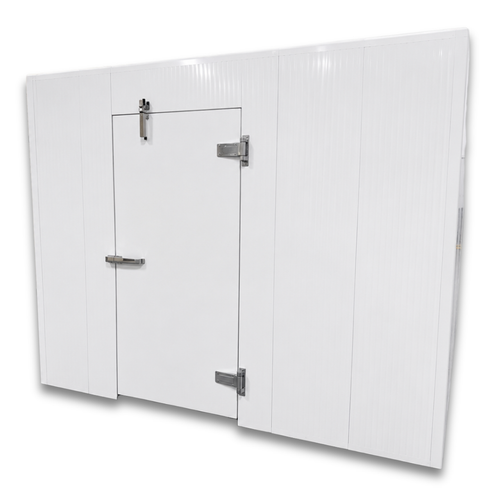 White walk-in cooler unit with open door showing interior, featuring insulated panel walls front with door closed