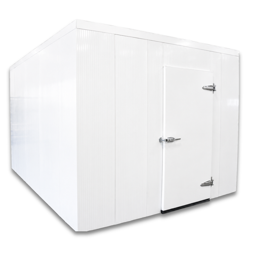 White walk-in cooler unit with closed hinged door, featuring insulated panel walls front left view