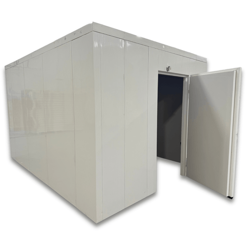White walk-in cooler unit with open hinged door, featuring insulated panel walls
