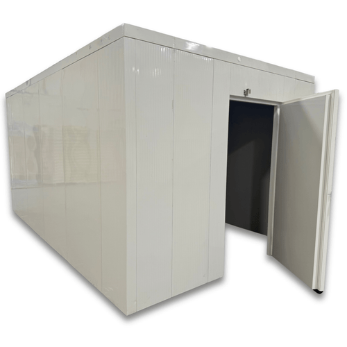 White walk-in cooler unit with open hinged door, featuring insulated panel walls