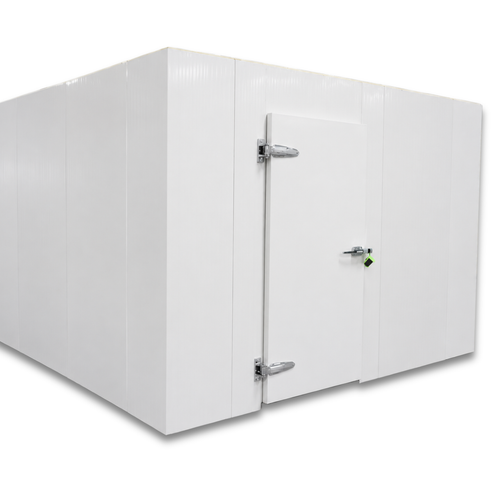 White walk-in cooler unit with closed hinged door, featuring insulated panel walls front side view