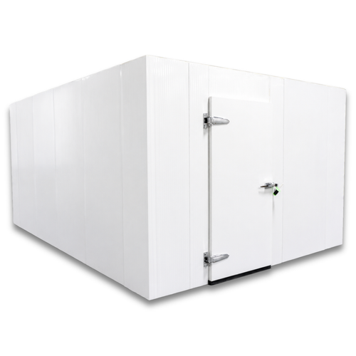 White walk-in cooler unit with closed hinged door, featuring insulated panel walls front left view
