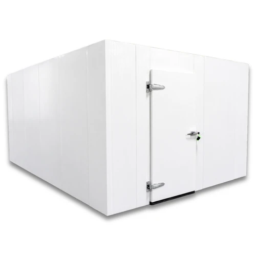 White walk-in cooler unit with closed hinged door, featuring insulated panel walls front left view