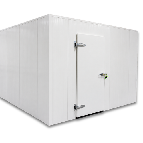 White walk-in cooler unit with closed hinged door, featuring insulated panel walls