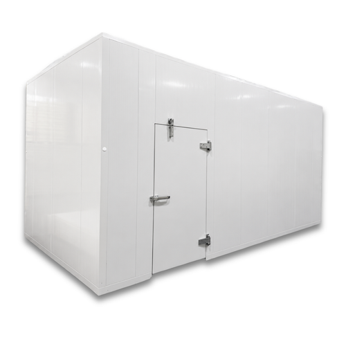 White walk-in cooler unit with closed hinged door, featuring insulated panel walls and a stack of ceiling panels