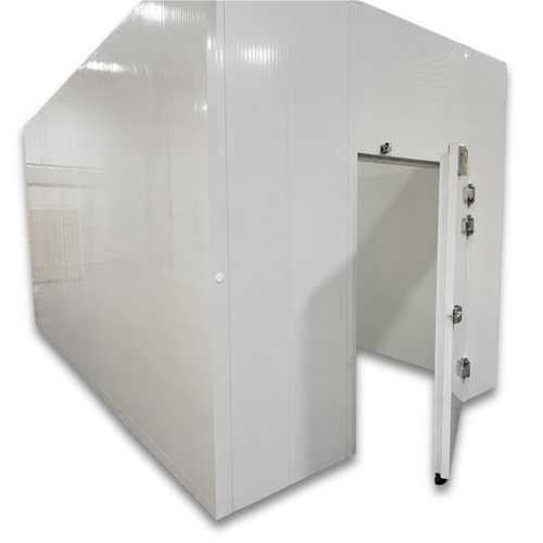 Front view of white walk-in cooler unit with open hinged door, showing interior.