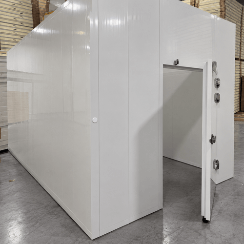 White walk-in cooler unit with open hinged door, showing interior