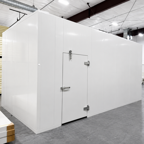 White walk-in cooler unit with closed hinged door, featuring insulated panel walls