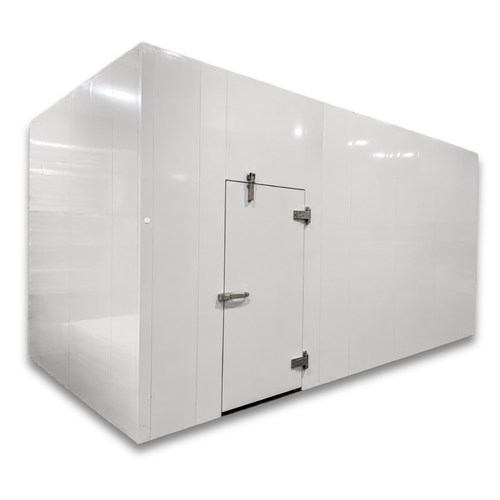 White walk-in cooler unit with closed hinged door, featuring insulated panel walls