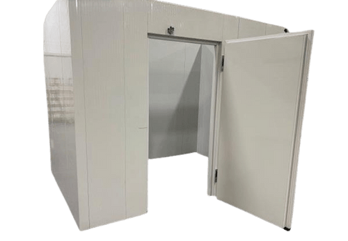 White walk-in cooler unit with open door showing interior, featuring insulated panel walls