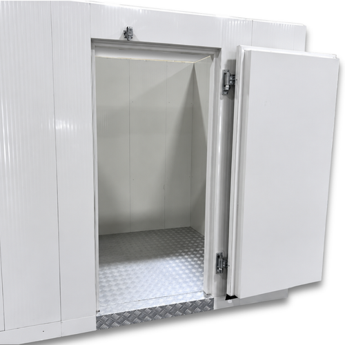 White walk-in cooler with insulated panels and floor, open door revealing diamond-plate flooring and interior