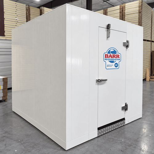 White walk-in cooler with insulated panels and floor front left view