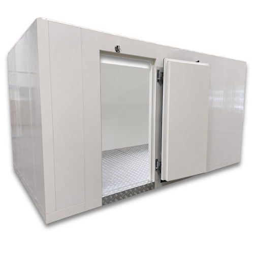 White walk-in cooler with insulated panels and floor front left door open view