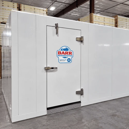 White walk-in cooler with insulated panels and floor  front left view