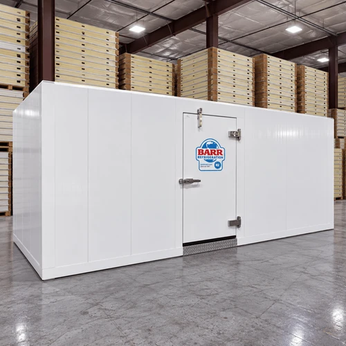 White walk-in cooler with insulated panels and floor front left view