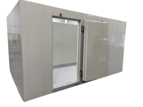 White walk-in cooler with insulated panels and floor, open door revealing diamond-plate flooring and interior