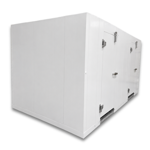 Side view of a white a white walk-in combo cooler-freezer with two doors and stainless hardware