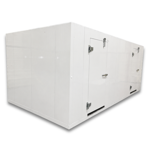 Side view of a white walk-in combo cooler-freezer with two doors and stainless hardware