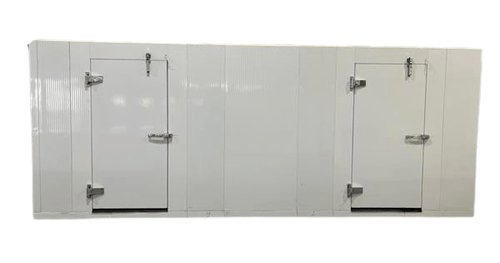 Front view of a white walk-in combo cooler-freezer with two doors and stainless hardware