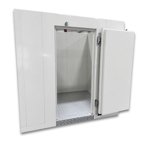 White walk-in commercial freezer with an open door revealing a textured floor