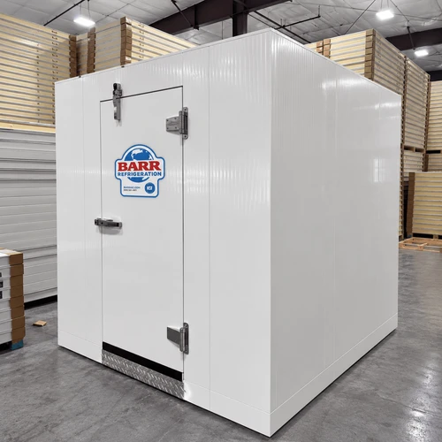 White walk-in commercial freezer front left view