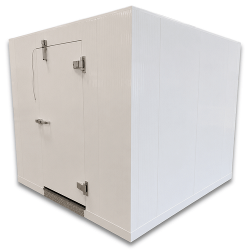 White walk-in commercial freezer with closed door