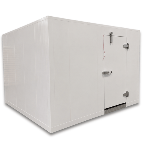 White walk-in commercial freezer with closed door view
