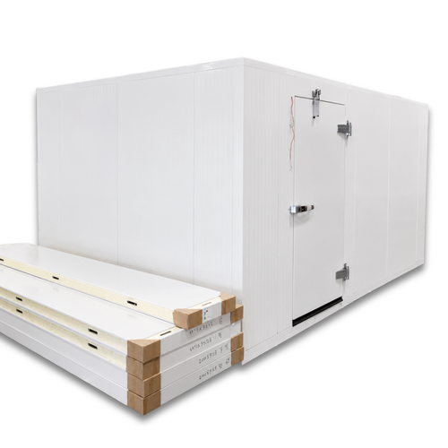 White walk-in commercial freezer with ceiling panels next to it