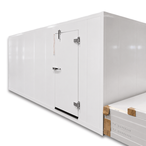 White walk-in commercial freezer with ceiling panels next to it
