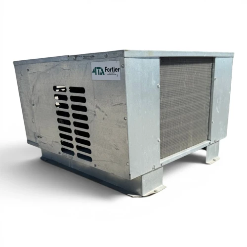 cFront-left view of a used Russell MLS050L44 0.5 HP condensing unit, a gray galvanized outdoor unit with a louvered vent panel and Fortier nameplate.