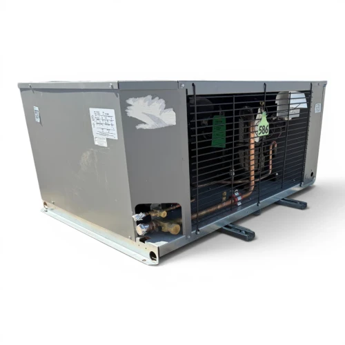 Front-left view of a used Russell RFH200L44EANT 2 HP condensing unit #586, an enclosed gray cabinet with a wire coil guard and green inventory tag #586.