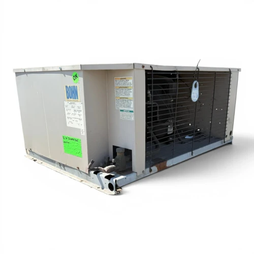 Front-left view of a used Bohn BHT025L6CF 2.5 HP condensing unit #692, an enclosed beige cabinet with the Bohn logo and condenser coil face.