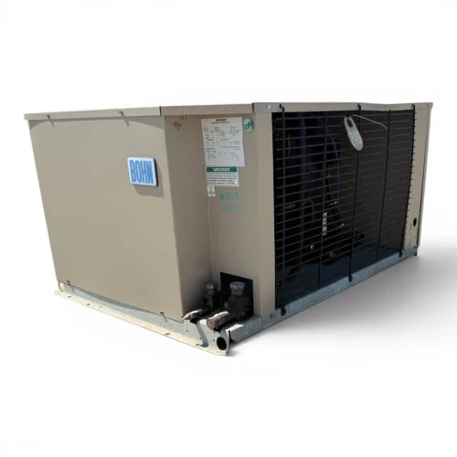 Front-left view of a used Bohn BHT029M2CF 2.5 HP condensing unit #249, an enclosed cabinet with a wire coil guard and inventory tag #249.