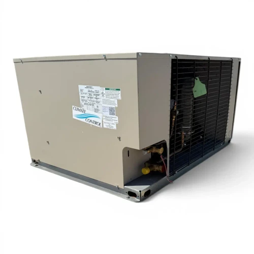 Front-left view of a used Climate Control 2.5 HP condensing unit #3191, an enclosed cabinet with a wire coil guard and green inventory tag.