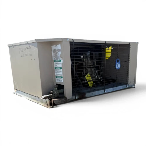 Front-left view of a used Climate Control CHT025L6C 2.5 HP condensing unit #700, an enclosed cabinet with a wire coil guard and inventory tag #700.